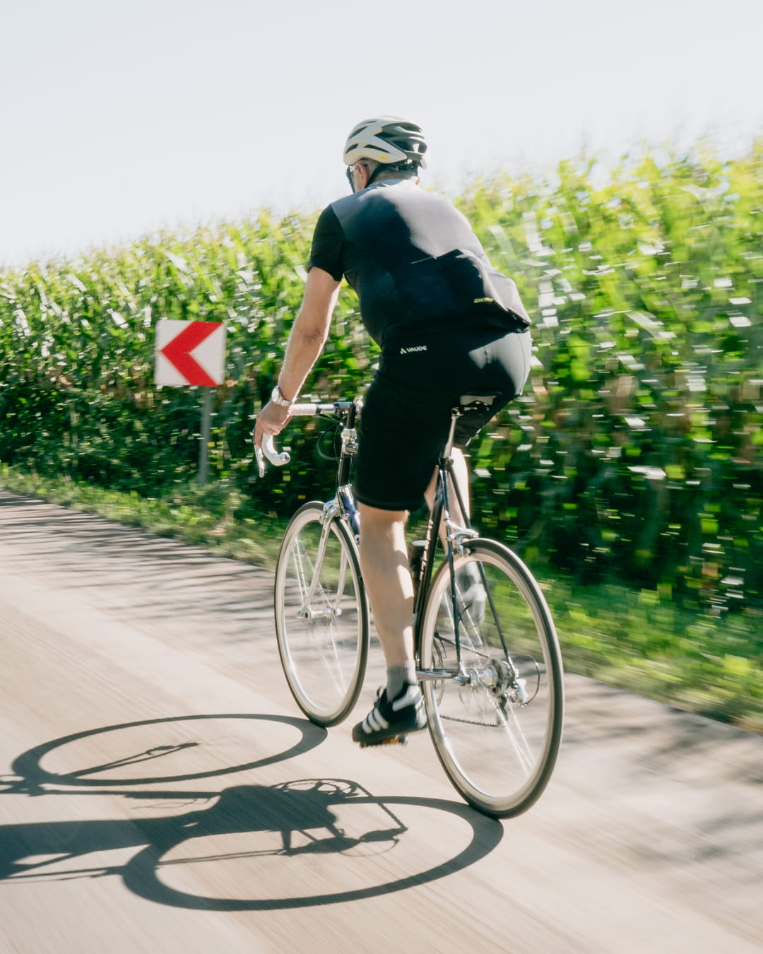 Fahrer auf Stahlrennrad fährt eine Kurve am Maisfeld